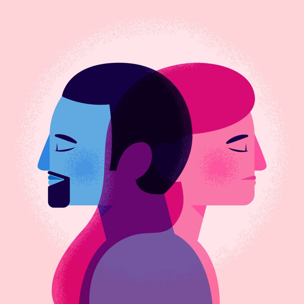 an illustration of a couple in pink and blue colors showing that intimacy goes beyond a sexual thing