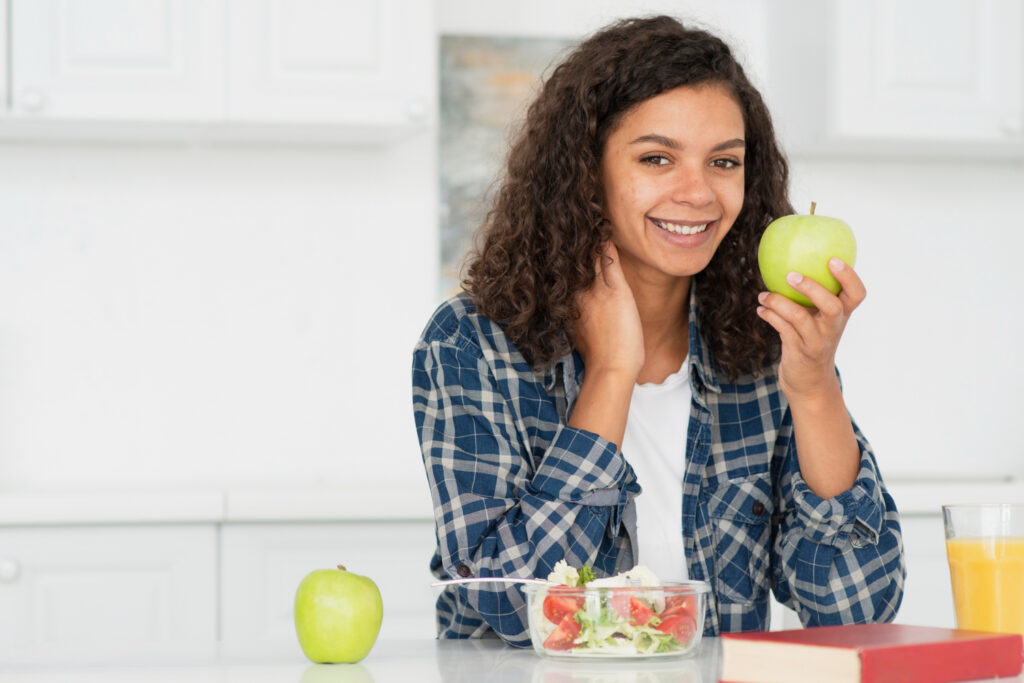 A woman eating healthy things to boost his brain with brain food
