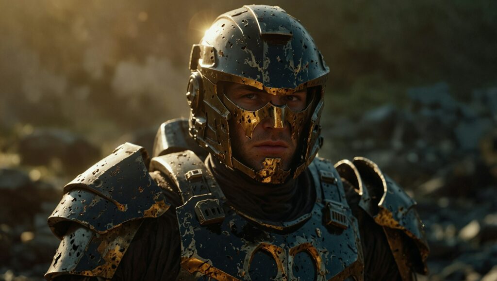 A art made with CGI for a futuristic movie of a warrior fighting